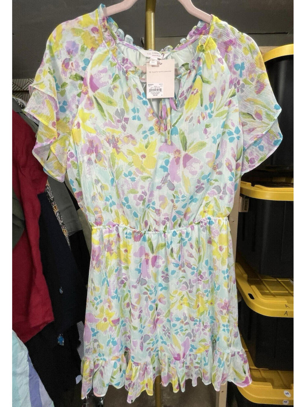 NWT Lauren Conrad "April Dress" Chiffon M Pink Yellow Ruffle Flutter Slv MSRP$54
